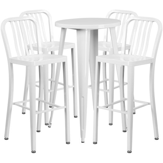 Commercial Grade 24" Round White Metal Indoor-Outdoor Bar Table Set with 4 Vertical Slat Back Stools CH-51080BH-4-30VRT-WH-GG