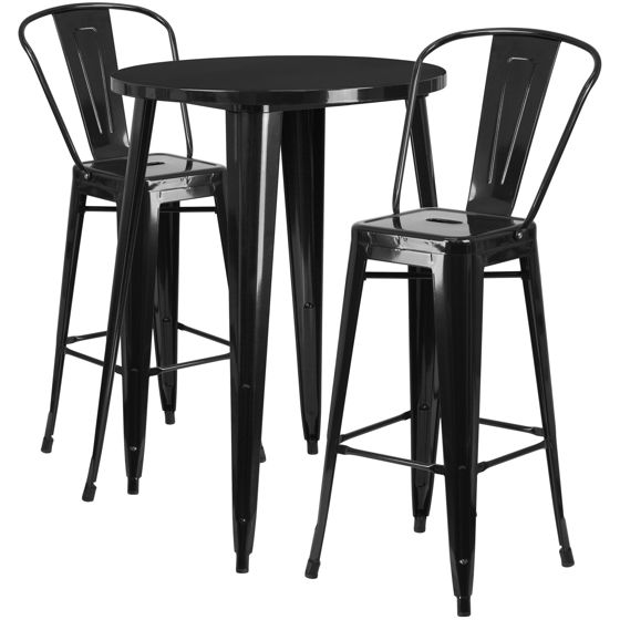 Commercial Grade 30" Round Black Metal Indoor-Outdoor Bar Table Set with 2 Cafe Stools CH-51090BH-2-30CAFE-BK-GG