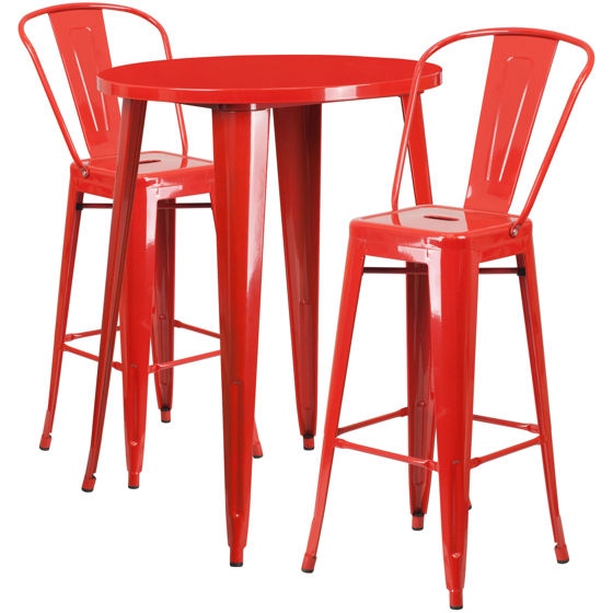 Commercial Grade 30" Round Red Metal Indoor-Outdoor Bar Table Set with 2 Cafe Stools CH-51090BH-2-30CAFE-RED-GG