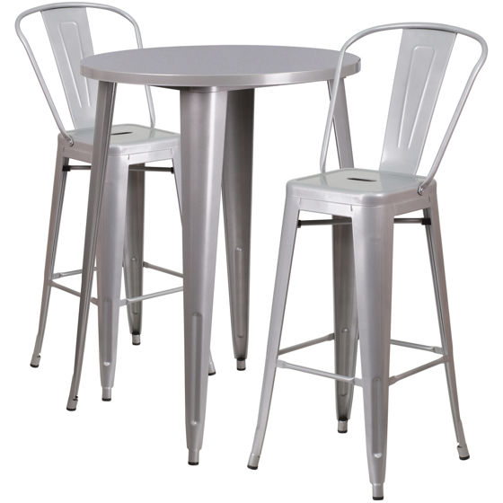 Commercial Grade 30" Round Silver Metal Indoor-Outdoor Bar Table Set with 2 Cafe Stools CH-51090BH-2-30CAFE-SIL-GG