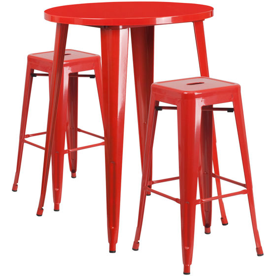 Commercial Grade 30" Round Red Metal Indoor-Outdoor Bar Table Set with 2 Square Seat Backless Stools CH-51090BH-2-30SQST-RED-GG