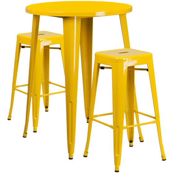 Commercial Grade 30" Round Yellow Metal Indoor-Outdoor Bar Table Set with 2 Square Seat Backless Stools CH-51090BH-2-30SQST-YL-GG