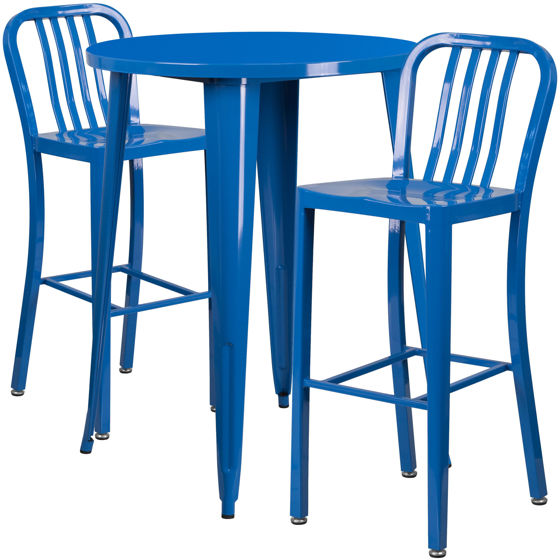 Commercial Grade 30" Round Blue Metal Indoor-Outdoor Bar Table Set with 2 Vertical Slat Back Stools CH-51090BH-2-30VRT-BL-GG