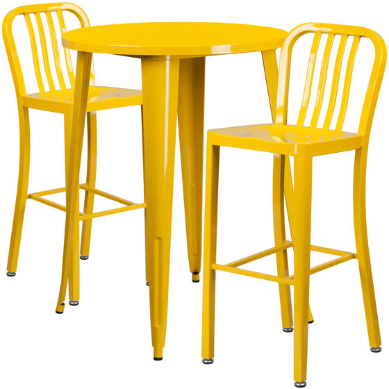 Commercial Grade 30" Round Yellow Metal Indoor-Outdoor Bar Table Set with 2 Vertical Slat Back Stools  CH-51090BH-2-30VRT-YL-GG