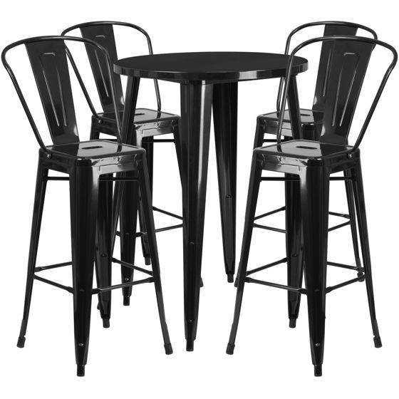 Commercial Grade 30" Round Black Metal Indoor-Outdoor Bar Table Set with 4 Cafe Stools CH-51090BH-4-30CAFE-BK-GG