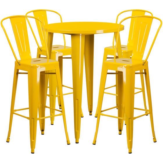 Commercial Grade 30" Round Yellow Metal Indoor-Outdoor Bar Table Set with 4 Cafe Stools CH-51090BH-4-30CAFE-YL-GG