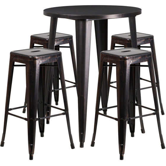 Commercial Grade 30" Round Black-Antique Gold Metal Indoor-Outdoor Bar Table Set with 4 Square Seat Backless Stools CH-51090BH-4-30SQST-BQ-GG