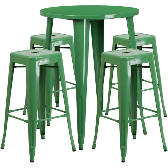Commercial Grade 30" Round Green Metal Indoor-Outdoor Bar Table Set with 4 Square Seat Backless Stools CH-51090BH-4-30SQST-GN-GG
