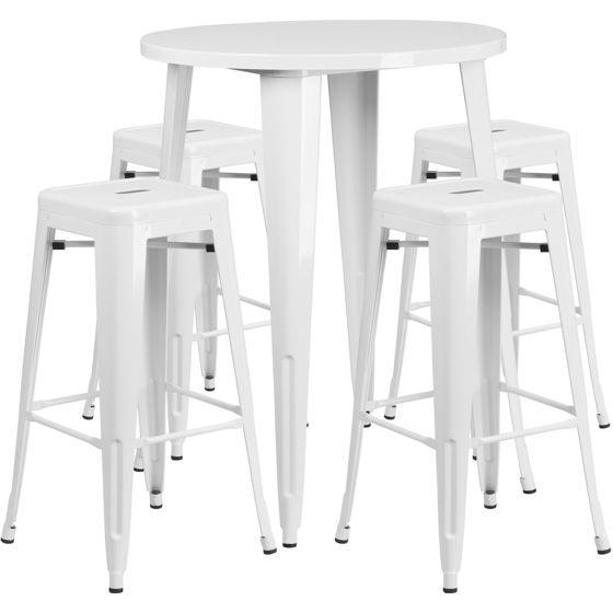 Commercial Grade 30" Round White Metal Indoor-Outdoor Bar Table Set with 4 Square Seat Backless Stools CH-51090BH-4-30SQST-WH-GG