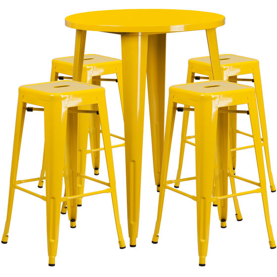Commercial Grade 30" Round Yellow Metal Indoor-Outdoor Bar Table Set with 4 Square Seat Backless Stools CH-51090BH-4-30SQST-YL-GG