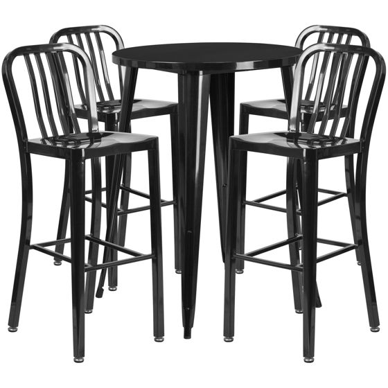 Commercial Grade 30" Round Black Metal Indoor-Outdoor Bar Table Set with 4 Vertical Slat Back Stools CH-51090BH-4-30VRT-BK-GG