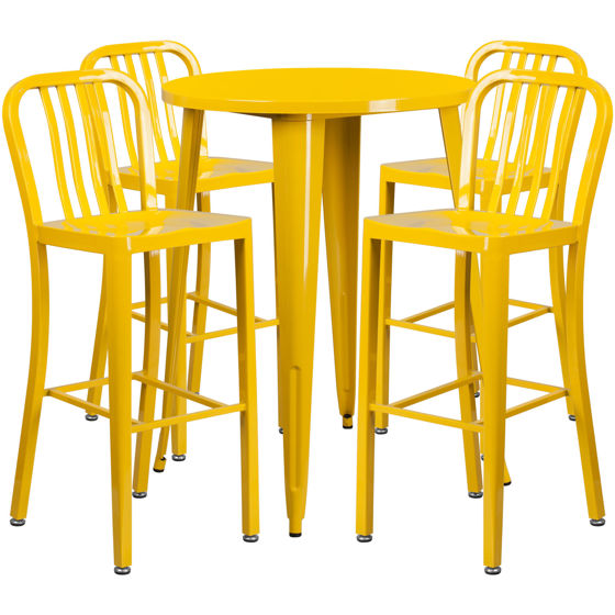 Commercial Grade 30" Round Yellow Metal Indoor-Outdoor Bar Table Set with 4 Vertical Slat Back Stools CH-51090BH-4-30VRT-YL-GG