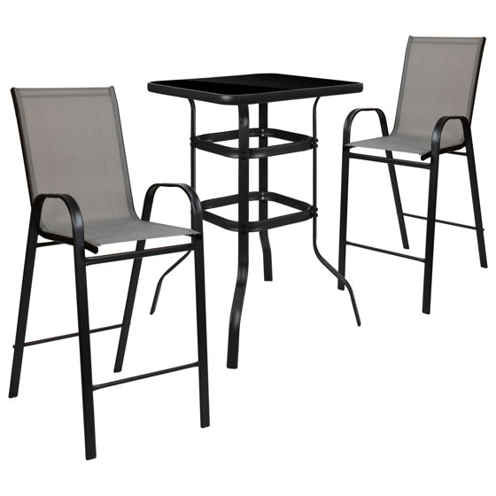 Brazos Outdoor Dining Set - 2-Person Bistro Set - Brazos Outdoor Glass Bar Table with Gray All-Weather Patio Stools TLH-073H092H-GR-GG