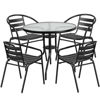 Lila 31.5'' Round Glass Metal Table with 4 Black Metal Aluminum Slat Stack Chairs TLH-072RD-017CBK4-GG