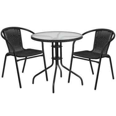 Lila 28'' Round Glass Metal Table with Black Rattan Edging and 2 Black Rattan Stack Chairs TLH-087RD-037BK2-GG
