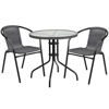 Lila 28'' Round Glass Metal Table with Gray Rattan Edging and 2 Gray Rattan Stack Chairs TLH-087RD-037GY2-GG
