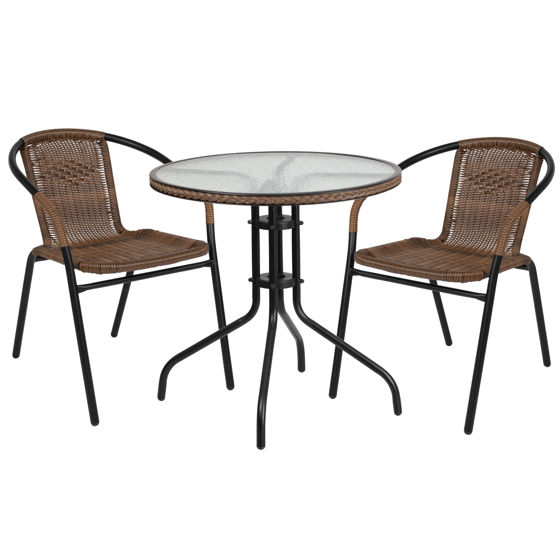 Lila 28'' Round Glass Metal Table with Dark Brown Rattan Edging and 2 Dark Brown Rattan Stack Chairs TLH-087RD-037BN2-GG