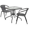 Lila 28'' Square Glass Metal Table with Gray Rattan Edging and 2 Gray Rattan Stack Chairs TLH-073SQ-037GY2-GG
