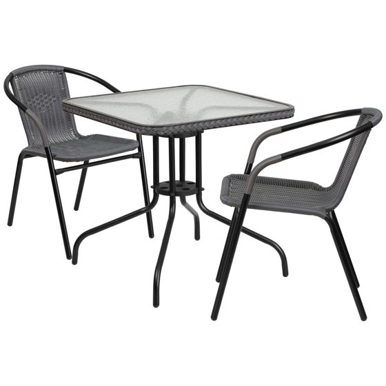 Lila 28'' Square Glass Metal Table with Gray Rattan Edging and 2 Gray Rattan Stack Chairs TLH-073SQ-037GY2-GG