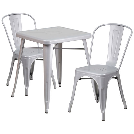 Commercial Grade 23.75" Square Silver Metal Indoor-Outdoor Table Set with 2 Stack Chairs CH-31330-2-30-SIL-GG
