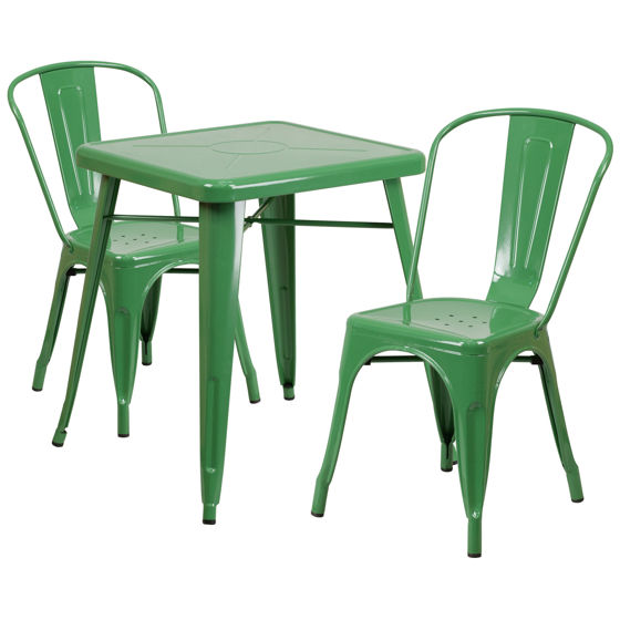 Commercial Grade 23.75" Square Green Metal Indoor-Outdoor Table Set with 2 Stack Chairs CH-31330-2-30-GN-GG