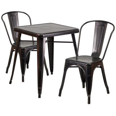 Commercial Grade 23.75" Square Black-Antique Gold Metal Indoor-Outdoor Table Set with 2 Stack Chairs CH-31330-2-30-BQ-GG