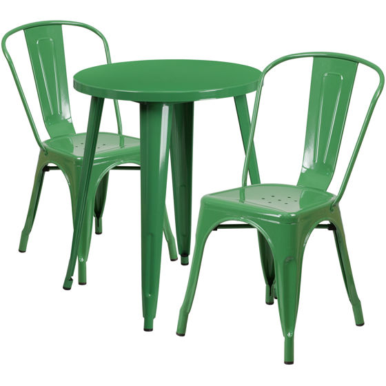 Commercial Grade 24" Round Green Metal Indoor-Outdoor Table Set with 2 Cafe Chairs  CH-51080TH-2-18CAFE-GN-GG