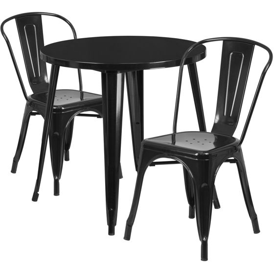 Commercial Grade 30" Round Black Metal Indoor-Outdoor Table Set with 2 Cafe Chairs CH-51090TH-2-18CAFE-BK-GG