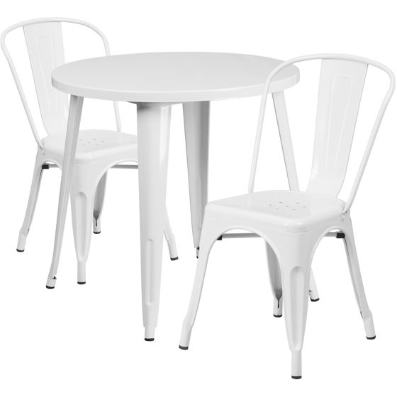Commercial Grade 30" Round White Metal Indoor-Outdoor Table Set with 2 Cafe Chairs CH-51090TH-2-18CAFE-WH-GG