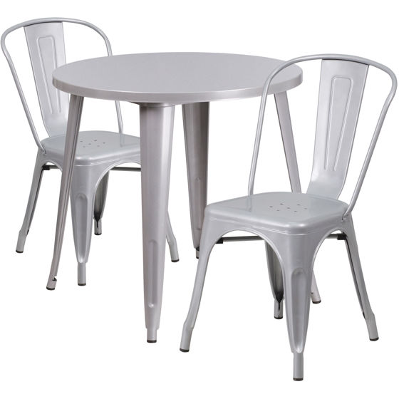 Commercial Grade 30" Round Silver Metal Indoor-Outdoor Table Set with 2 Cafe Chairs CH-51090TH-2-18CAFE-SIL-GG