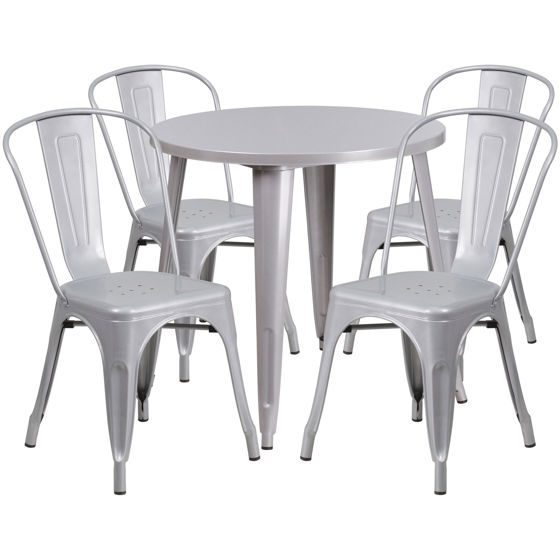 Commercial Grade 30" Round Silver Metal Indoor-Outdoor Table Set with 4 Cafe Chairs CH-51090TH-4-18CAFE-SIL-GG