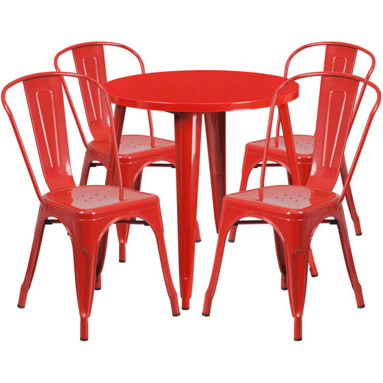 Commercial Grade 30" Round Red Metal Indoor-Outdoor Table Set with 4 Cafe Chairs CH-51090TH-4-18CAFE-RED-GG