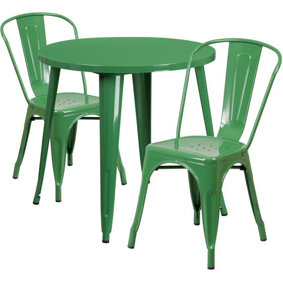 Commercial Grade 30" Round Green Metal Indoor-Outdoor Table Set with 2 Cafe Chairs CH-51090TH-2-18CAFE-GN-GG