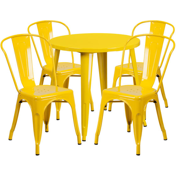 Commercial Grade 30" Round Yellow Metal Indoor-Outdoor Table Set with 4 Cafe Chairs CH-51090TH-4-18CAFE-YL-GG