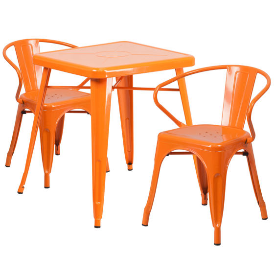 Commercial Grade 23.75" Square Orange Metal Indoor-Outdoor Table Set with 2 Arm Chairs CH-31330-2-70-OR-GG