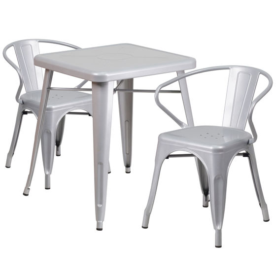 Commercial Grade 23.75" Square Silver Metal Indoor-Outdoor Table Set with 2 Arm Chairs CH-31330-2-70-SIL-GG
