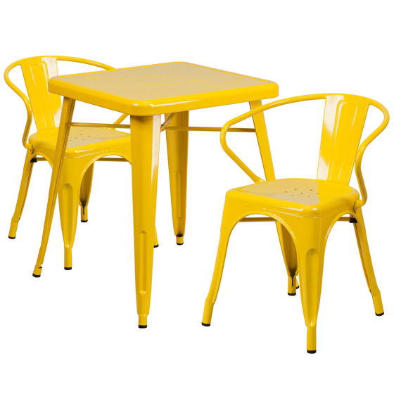 Commercial Grade 23.75" Square Yellow Metal Indoor-Outdoor Table Set with 2 Arm Chairs CH-31330-2-70-YL-GG