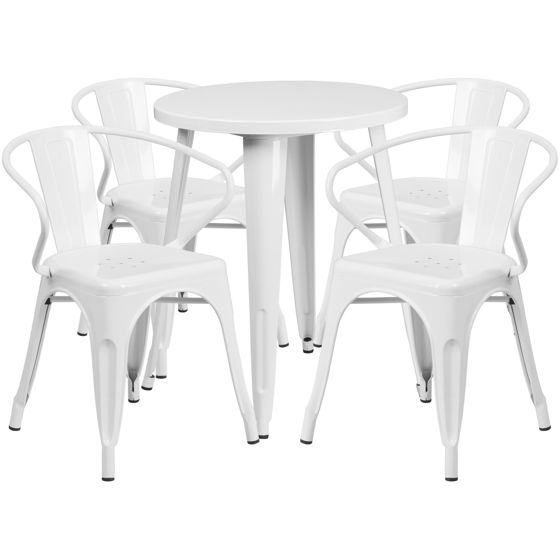 Commercial Grade 24" Round White Metal Indoor-Outdoor Table Set with 4 Arm Chairs CH-51080TH-4-18ARM-WH-GG