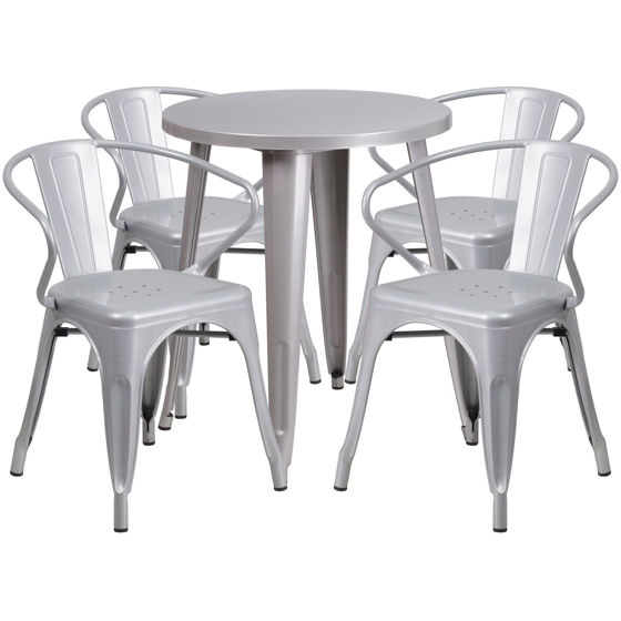 Commercial Grade 24" Round Silver Metal Indoor-Outdoor Table Set with 4 Arm Chairs CH-51080TH-4-18ARM-SIL-GG