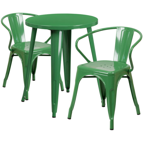 Commercial Grade 24" Round Green Metal Indoor-Outdoor Table Set with 2 Arm Chairs CH-51080TH-2-18ARM-GN-GG