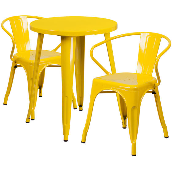 Commercial Grade 24" Round Yellow Metal Indoor-Outdoor Table Set with 2 Arm Chairs CH-51080TH-2-18ARM-YL-GG