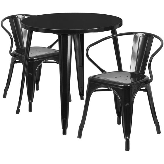 Commercial Grade 30" Round Black Metal Indoor-Outdoor Table Set with 2 Arm Chairs CH-51090TH-2-18ARM-BK-GG