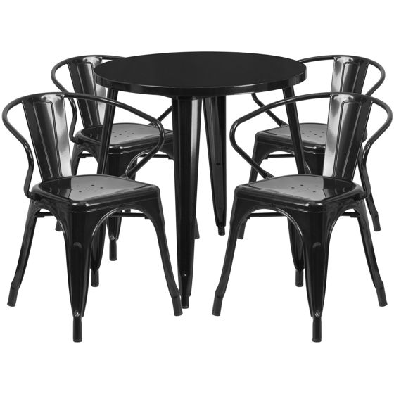 Commercial Grade 30" Round Black Metal Indoor-Outdoor Table Set with 4 Arm Chairs CH-51090TH-4-18ARM-BK-GG