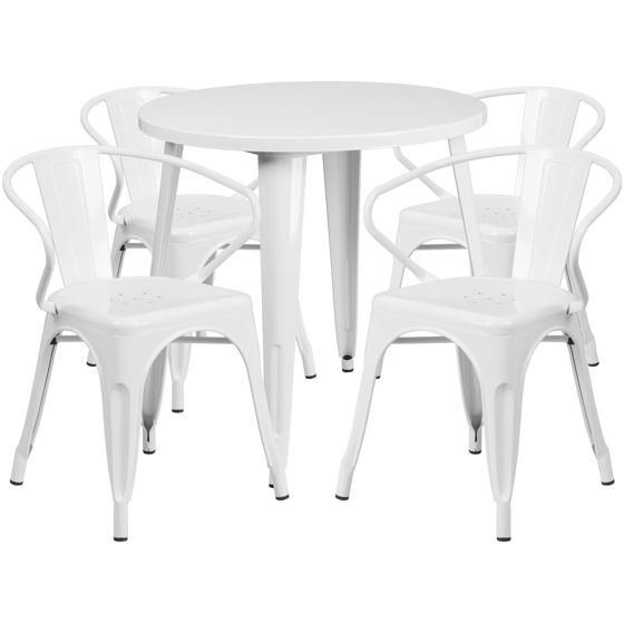 Commercial Grade 30" Round White Metal Indoor-Outdoor Table Set with 4 Arm Chairs CH-51090TH-4-18ARM-WH-GG