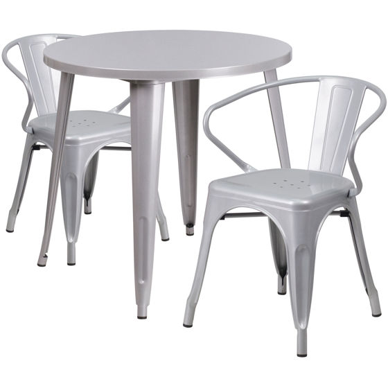 Commercial Grade 30" Round Silver Metal Indoor-Outdoor Table Set with 2 Arm Chairs CH-51090TH-2-18ARM-SIL-GG