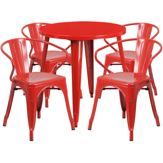 Commercial Grade 30" Round Red Metal Indoor-Outdoor Table Set with 4 Arm Chairs CH-51090TH-4-18ARM-RED-GG