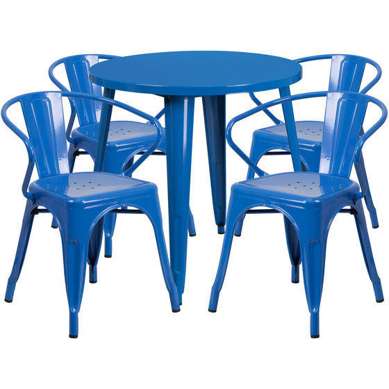 Commercial Grade 30" Round Blue Metal Indoor-Outdoor Table Set with 4 Arm Chairs CH-51090TH-4-18ARM-BL-GG