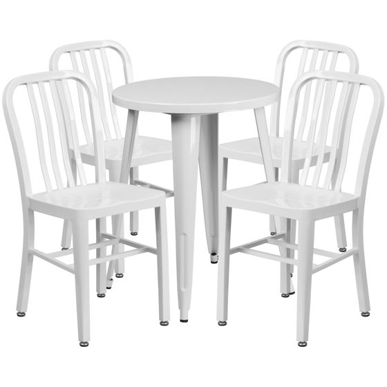 Commercial Grade 24" Round White Metal Indoor-Outdoor Table Set with 4 Vertical Slat Back Chairs CH-51080TH-4-18VRT-WH-GG