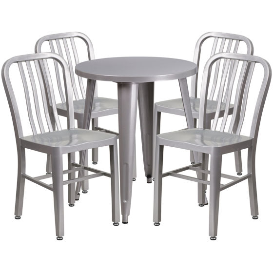 Commercial Grade 24" Round Silver Metal Indoor-Outdoor Table Set with 4 Vertical Slat Back Chairs CH-51080TH-4-18VRT-SIL-GG