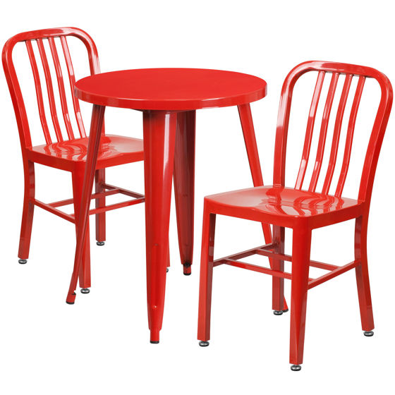 Commercial Grade 24" Round Red Metal Indoor-Outdoor Table Set with 2 Vertical Slat Back Chairs  CH-51080TH-2-18VRT-RED-GG